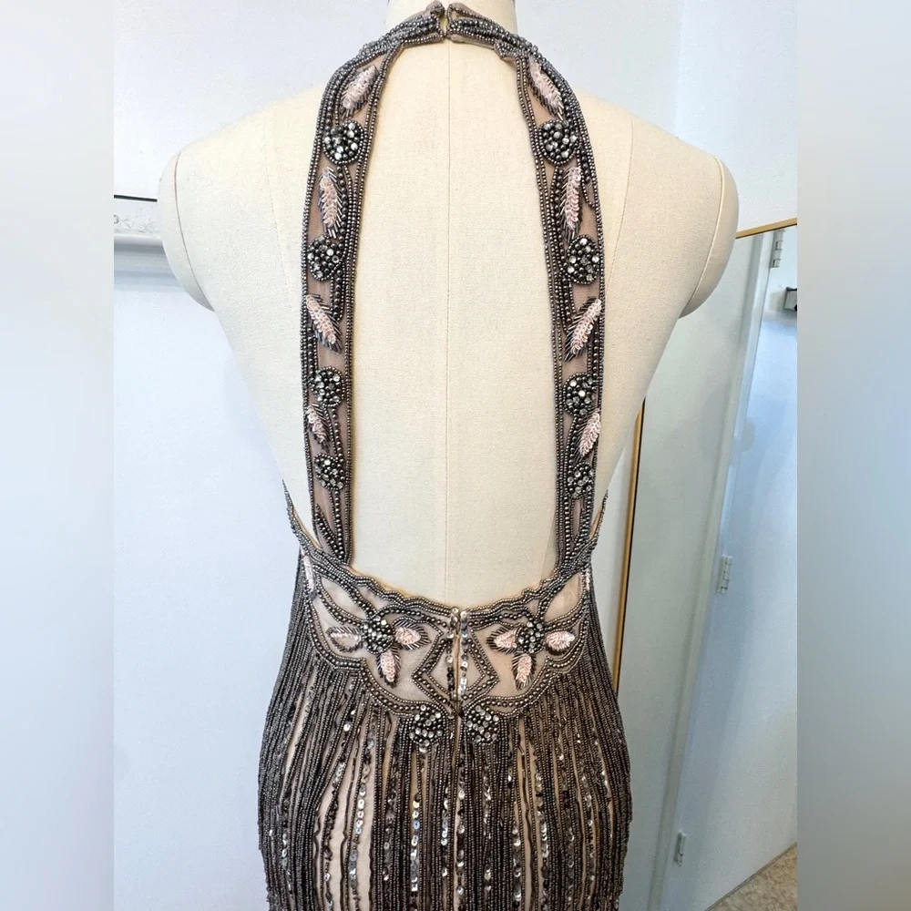 Heavily Beaded Halter Gown – Open Back Sheer Fringe Maxi Dress Glam Formal - Picture 9 of 12